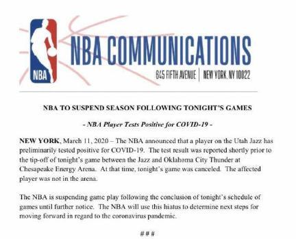 nba官方宣布暂停本赛季比赛,nba官方宣布暂停本赛季比赛了吗